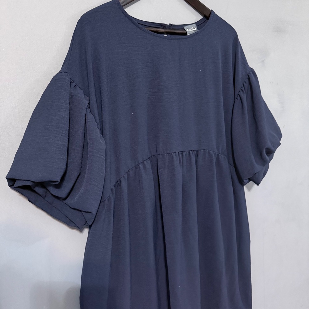 Arula A Plus Size Babydoll Mini Dress Navy Blue Short Puff Sleeve Pockets XL - Picture 2 of 9